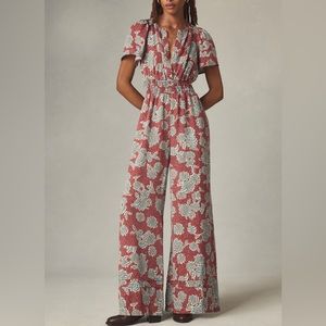 Anthropologie Red Floral Wide-Leg Jumpsuit